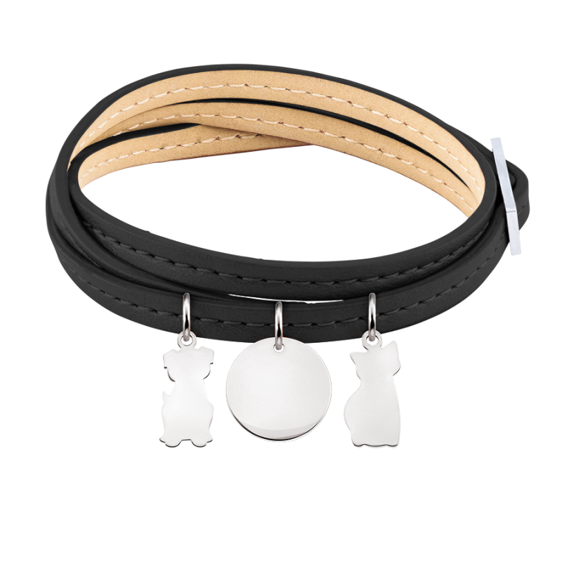 Bracciale Personalizzato in Pelle Nera con Gatti - Silver - 60