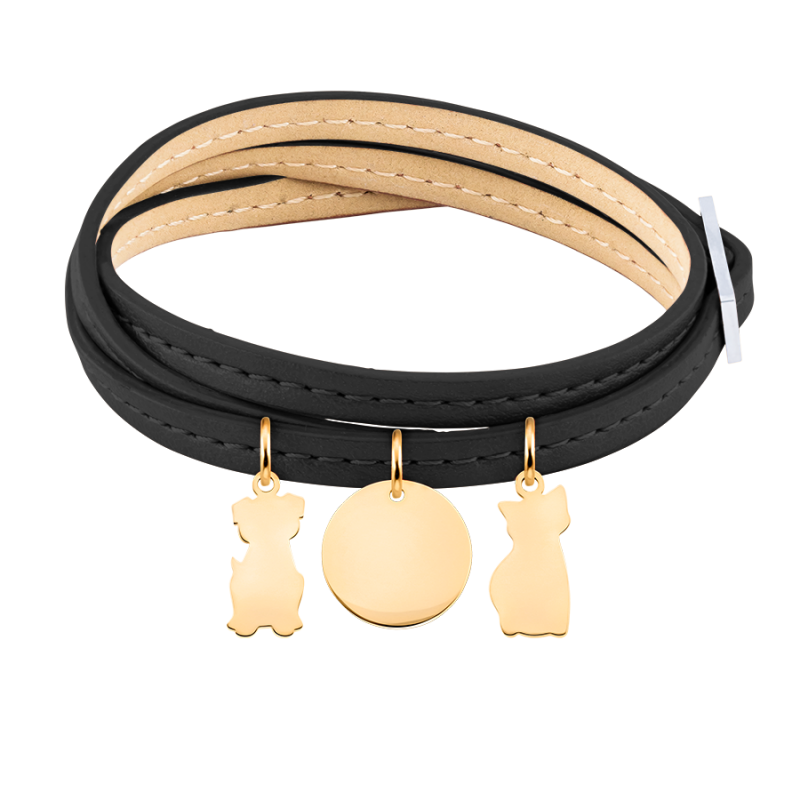 Bracciale Personalizzato in Pelle Nera con Gatti - Gold - 62