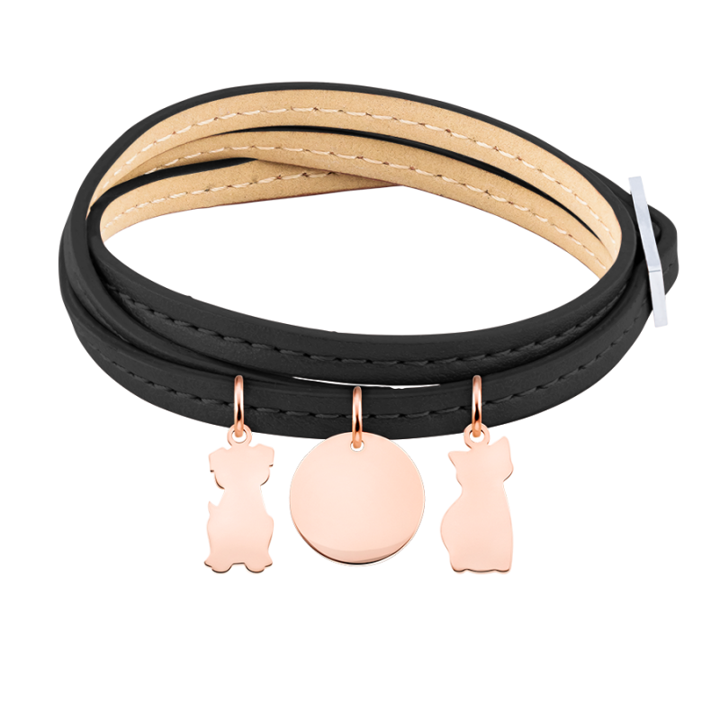 Bracciale Personalizzato in Pelle Nera con Gatti - Rosegold - 61