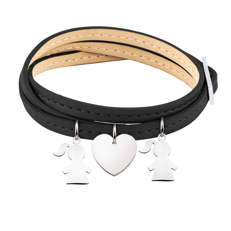 Bracciale Personalizzato in Pelle Nera con Bimbe - Silver - 60