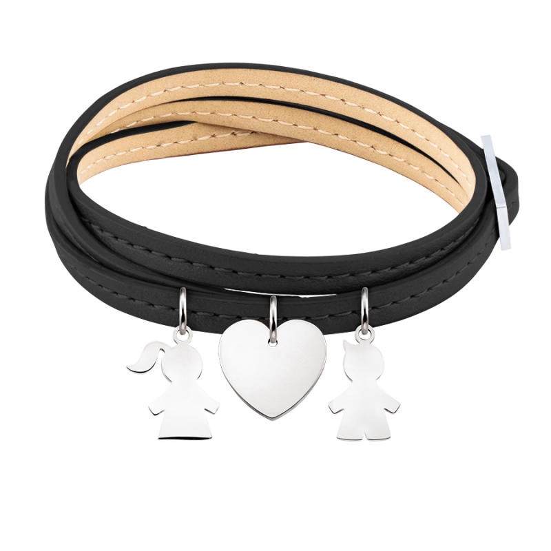 Bracciale Personalizzato in Pelle Nera Bimbo & Bimba - Silver - 60