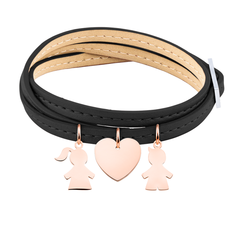 Bracciale Personalizzato in Pelle Nera Bimbo & Bimba - Rosegold - 61