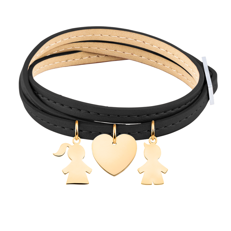 Bracciale Personalizzato in Pelle Nera Bimbo & Bimba - Gold - 62