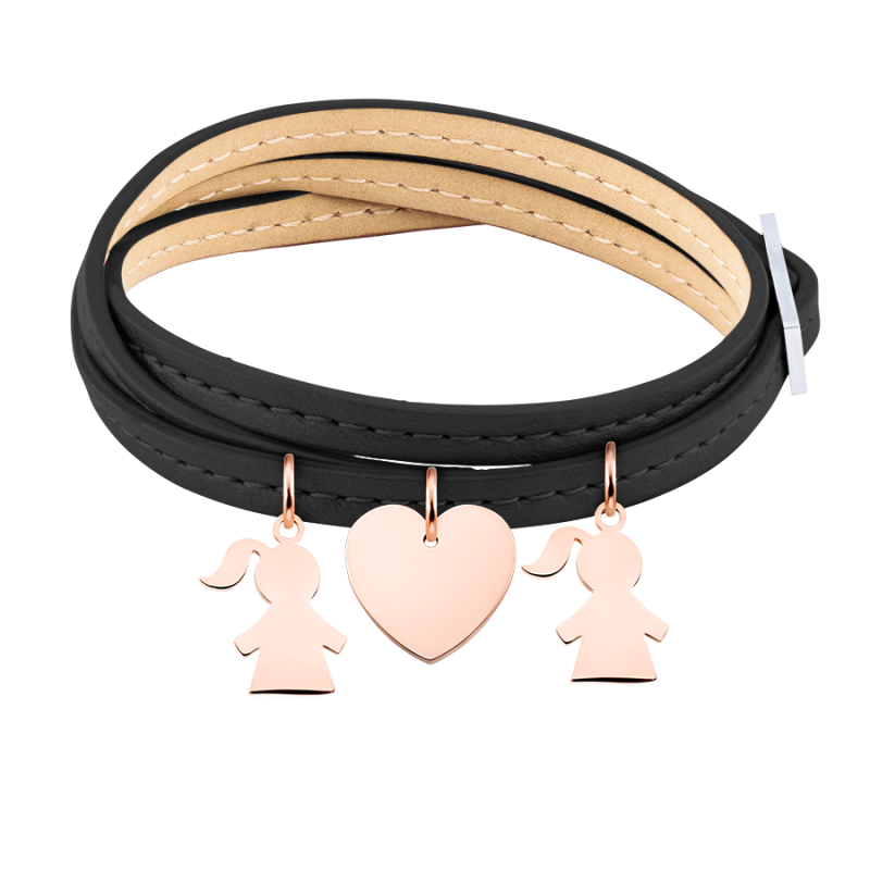 Bracciale Personalizzato in Pelle Nera con Bimbe - Rosegold - 61