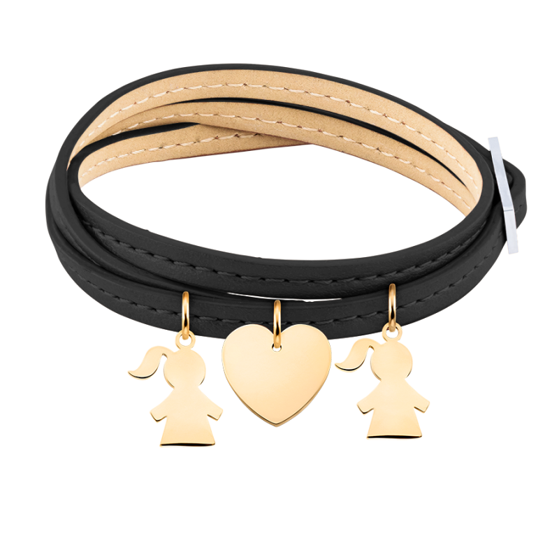 Bracciale Personalizzato in Pelle Nera con Bimbe - Gold - 62