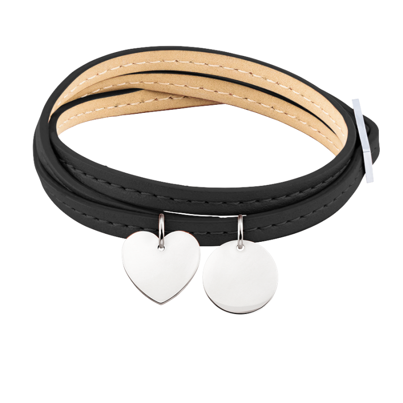 Bracciale Personalizzato in Pelle Nera con Cuore & Cerchio - Silver - 60