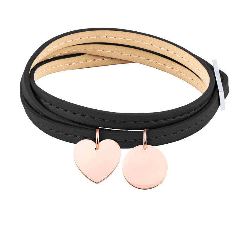 Bracciale Personalizzato in Pelle Nera con Cuore & Cerchio - Rosegold - 61