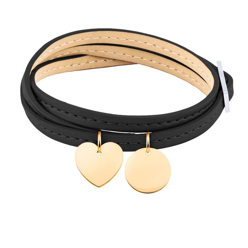 Bracciale Personalizzato in Pelle Nera con Cuore & Cerchio - Gold - 62