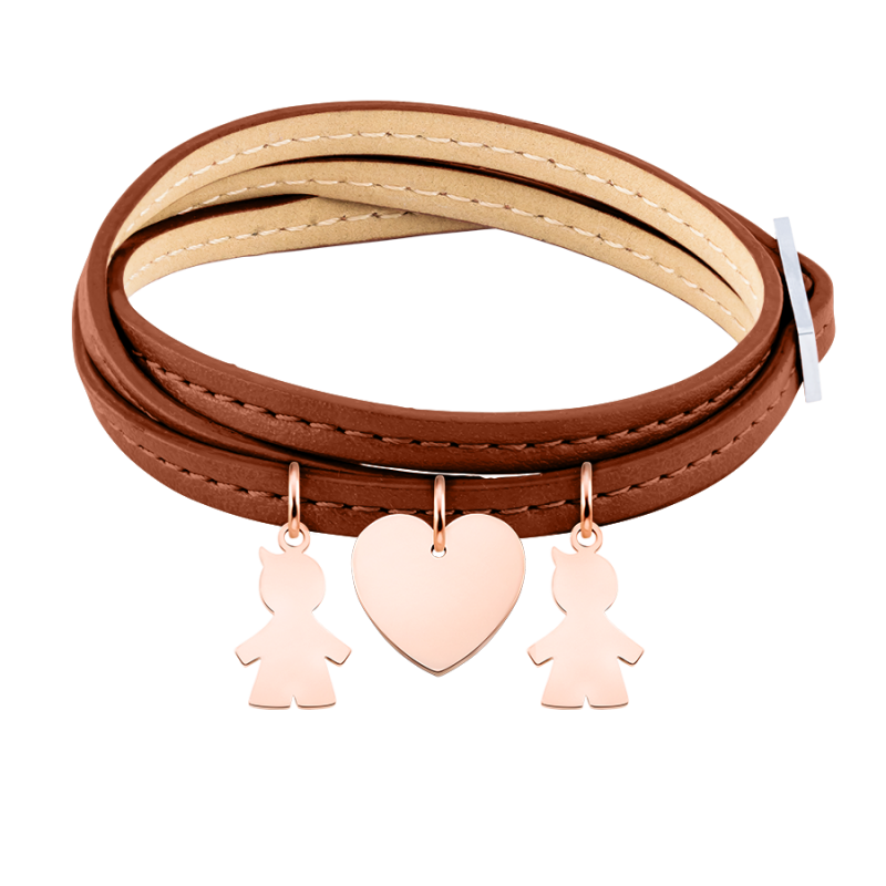 Bracciale Personalizzato in Pelle Marrone con Bimbi - Rosegold - 61