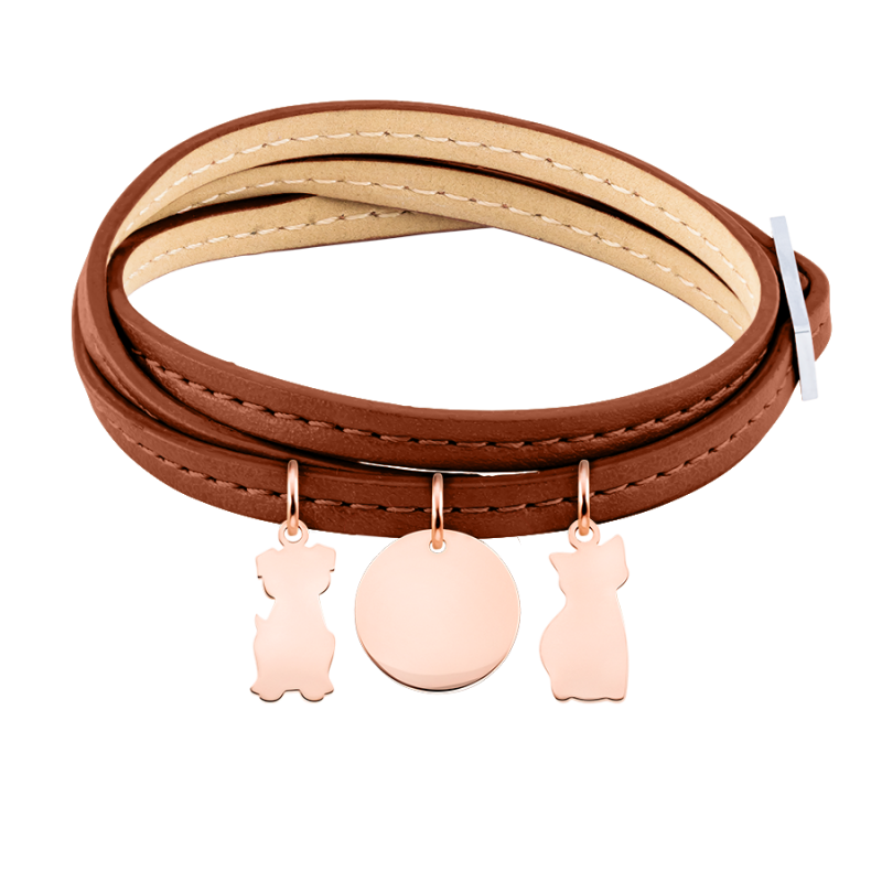 Bracciale Personalizzato in Pelle Marrone Cane e Gatto - Rosegold - 61