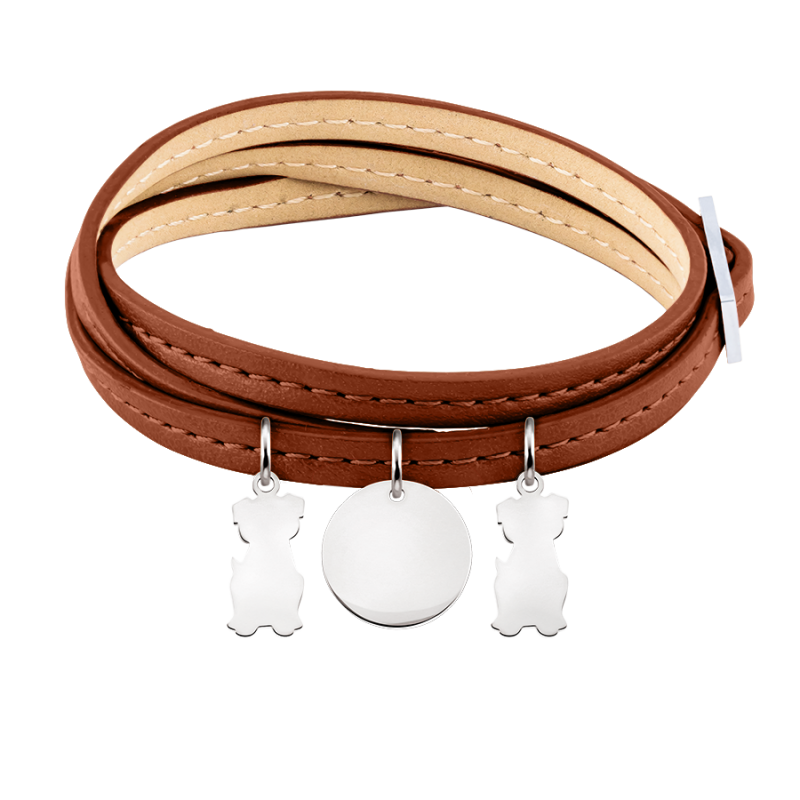 Bracciale Personalizzato in Pelle Marrone con Cani - Silver - 60