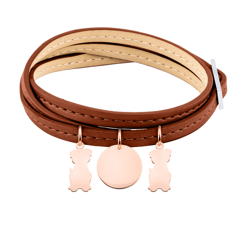 Bracciale Personalizzato in Pelle Marrone con Cani - Rosegold - 61