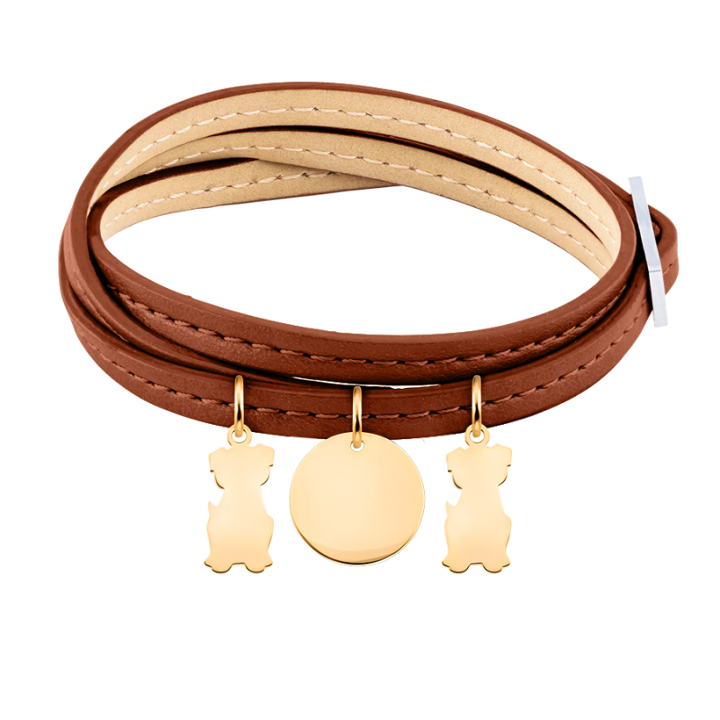 Bracciale Personalizzato in Pelle Marrone con Cani - Gold - 62