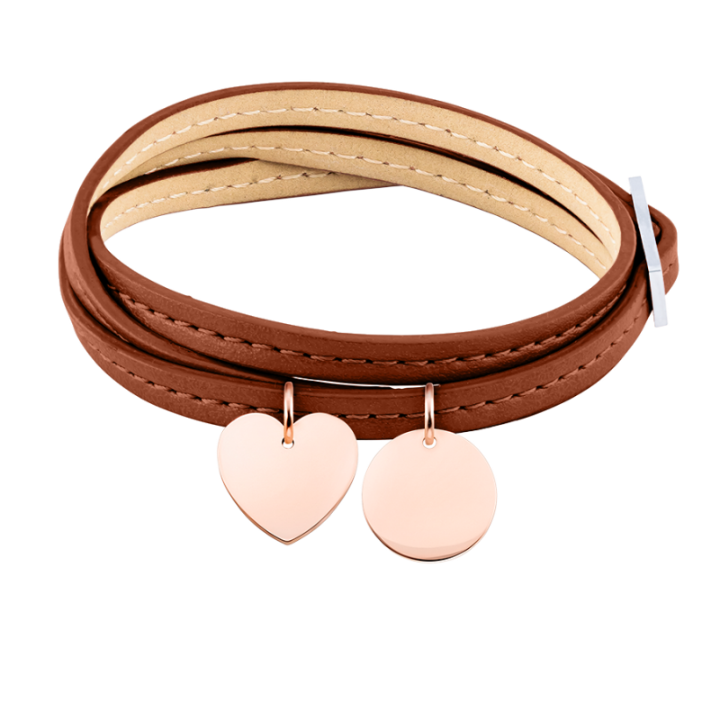 Bracciale Personalizzato in Pelle Marrone Cuore & Cerchio - Rosegold - 61