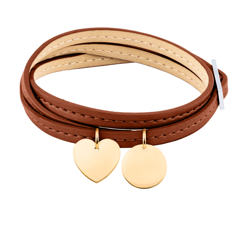 Bracciale Personalizzato in Pelle Marrone Cuore & Cerchio - Gold - 62