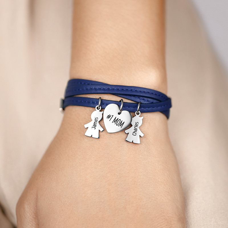 Bracciale Personalizzato in Pelle Blu con Bimbi