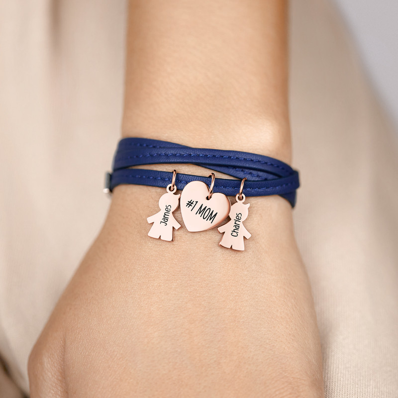 Bracciale Personalizzato in Pelle Blu con Bimbi - Rosegold - 61