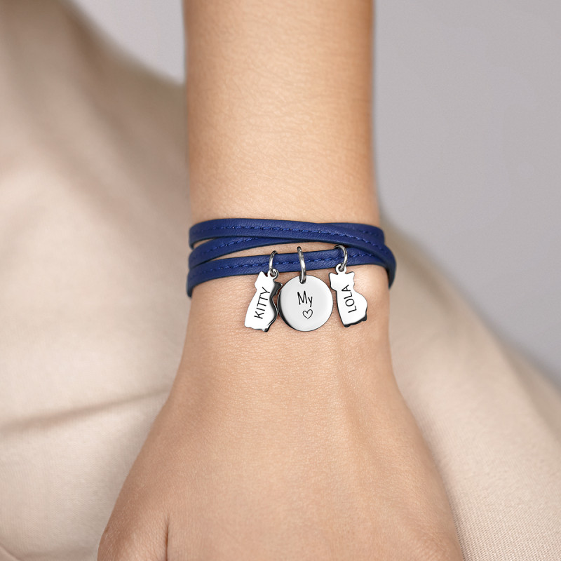 Bracciale Personalizzato in Pelle Blu con Gatti