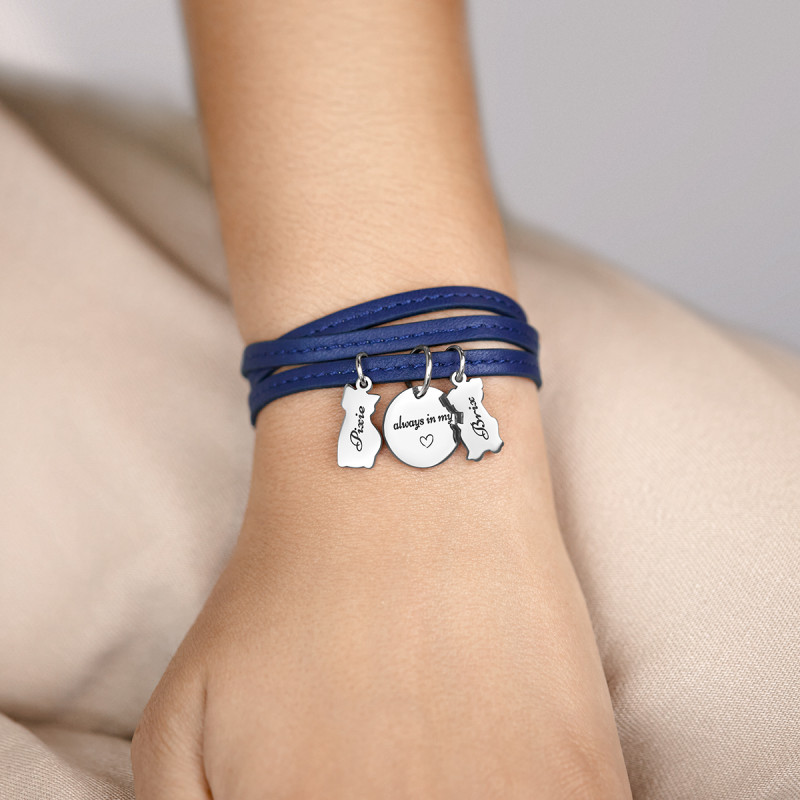 Bracciale Personalizzato in Pelle Blu con Cane & Gatto