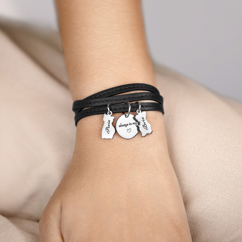 Bracciale Personalizzato in Pelle Nera con Gatti