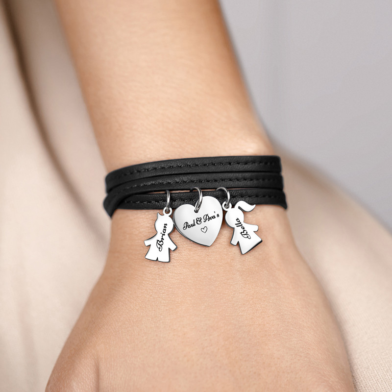 Bracciale Personalizzato in Pelle Nera Bimbo & Bimba