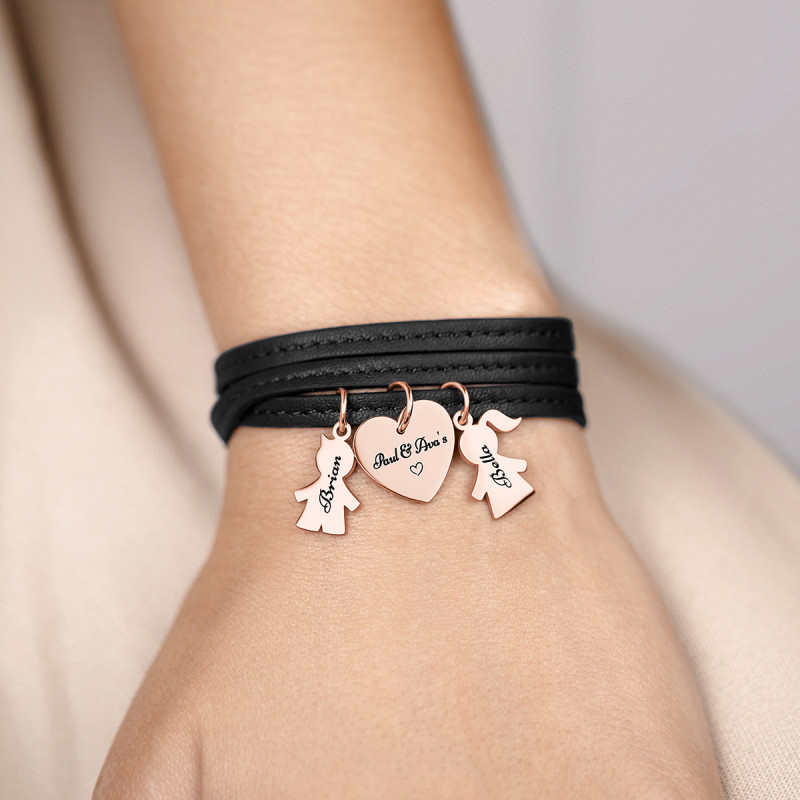 Bracciale Personalizzato in Pelle Nera Bimbo & Bimba - Rosegold - 61