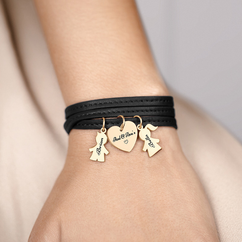 Bracciale Personalizzato in Pelle Nera Bimbo & Bimba - Gold - 62