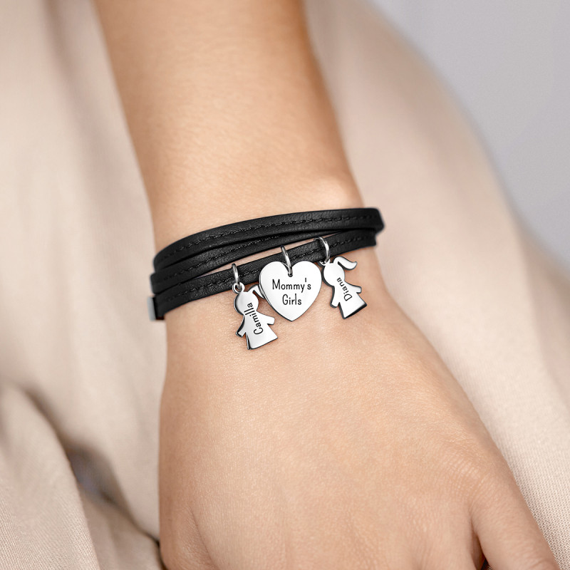 Bracciale Personalizzato in Pelle Nera con Bimbe