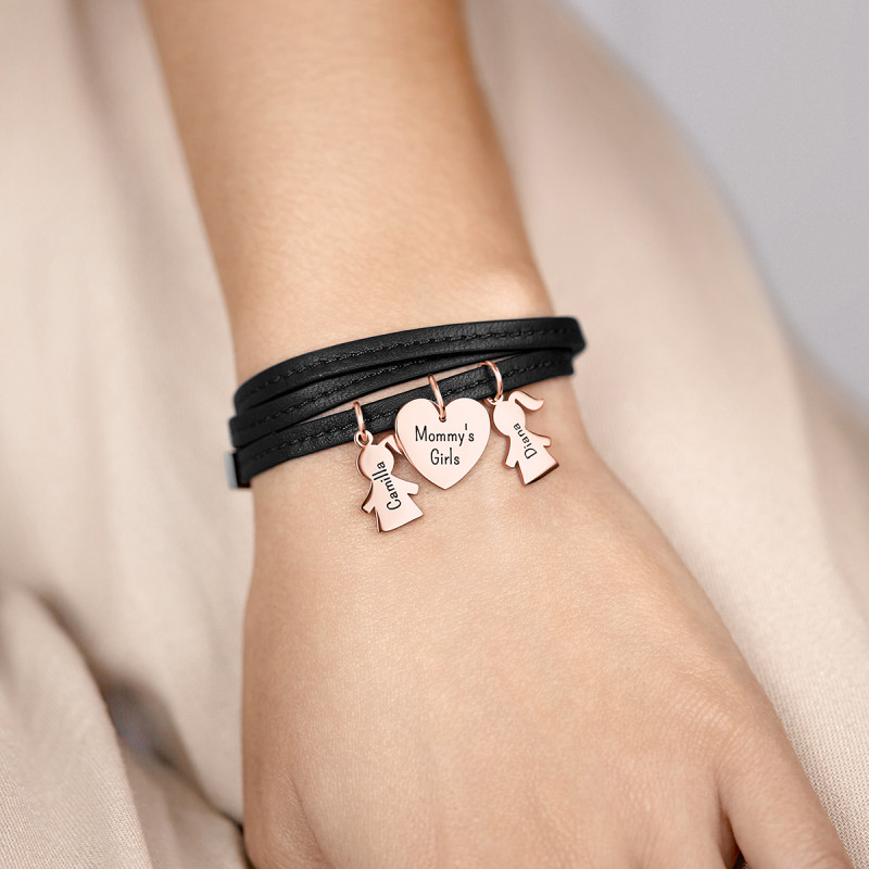 Bracciale Personalizzato in Pelle Nera con Bimbe - Rosegold - 61