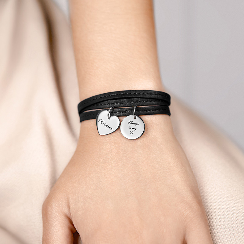 Bracciale Personalizzato in Pelle Nera con Cuore & Cerchio