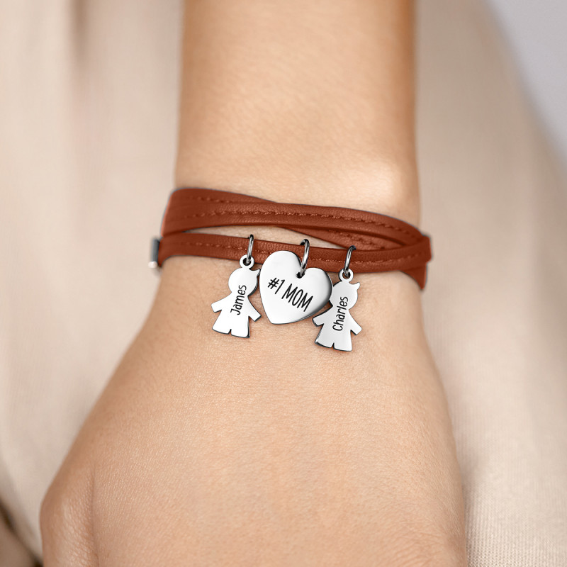 Bracciale Personalizzato in Pelle Marrone con Bimbi