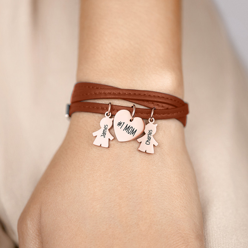 Bracciale Personalizzato in Pelle Marrone con Bimbi - Rosegold - 61