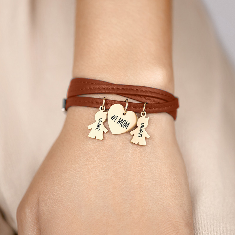 Bracciale Personalizzato in Pelle Marrone con Bimbi - Gold - 62