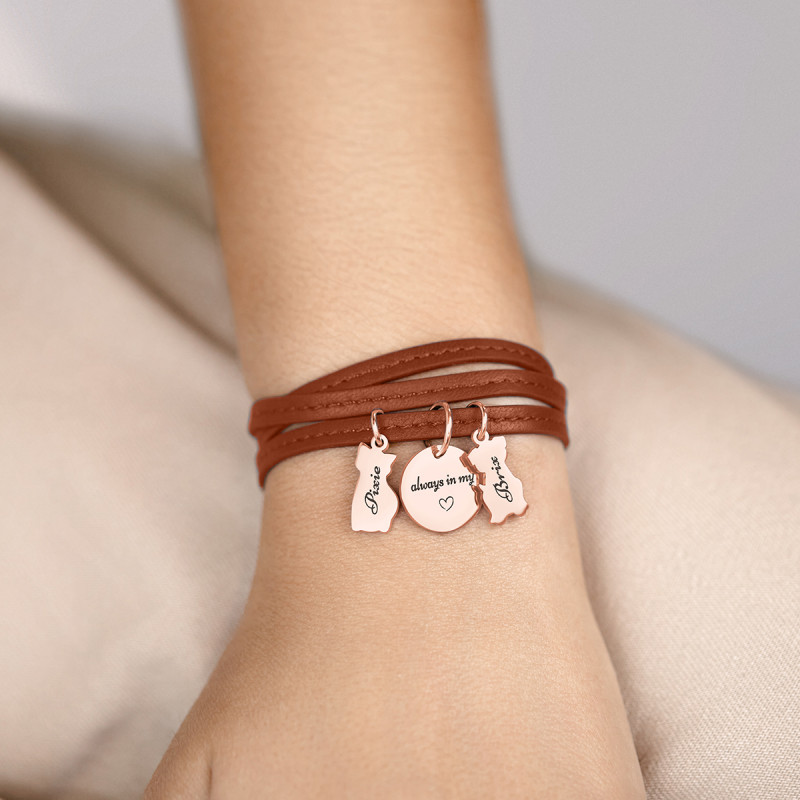 Bracciale Personalizzato in Pelle Marrone Cane e Gatto - Rosegold - 61