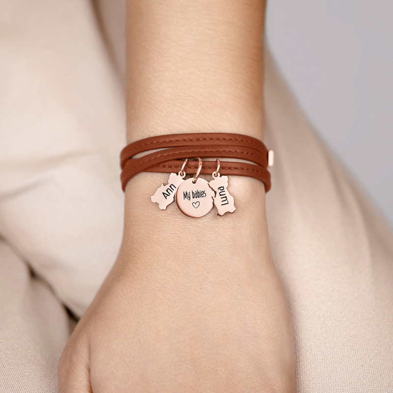 Bracciale Personalizzato in Pelle Marrone con Cani - Rosegold - 61