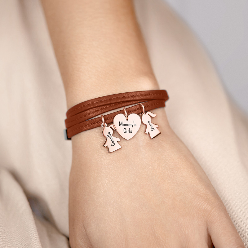 Bracciale Personalizzato in Pelle Marrone con Bimbe - Rosegold - 61