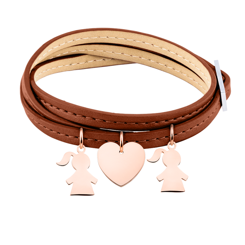 Bracciale Personalizzato in Pelle Marrone con Bimbe - Rosegold - 61