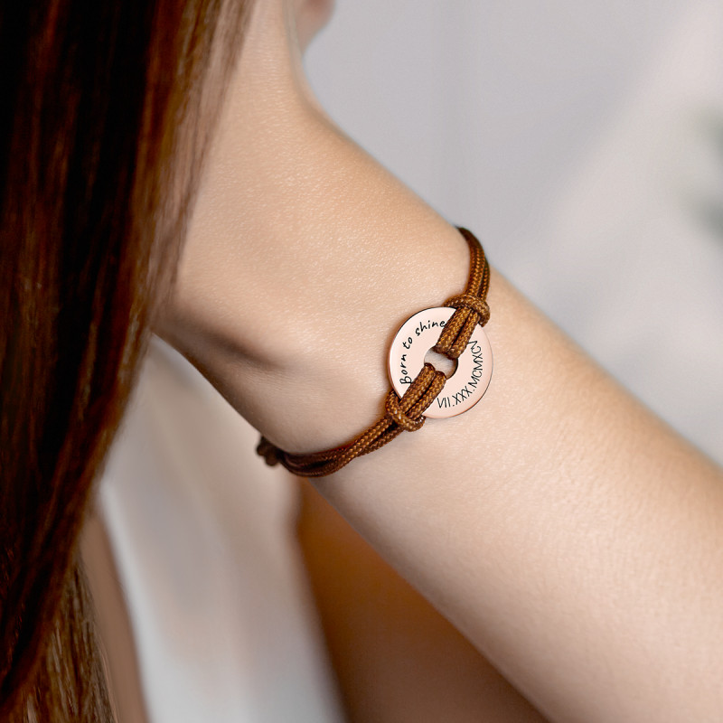 Bracciale in Corda Personalizzato Marrone con Disco - Rosegold - 61