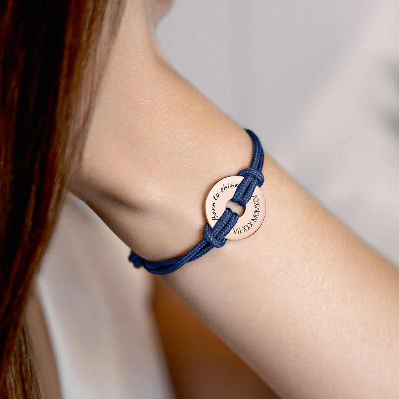 Bracciale in Corda Personalizzato Blu con Disco - Rosegold - 61