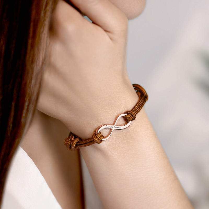 Bracciale in Corda Personalizzato Marrone con Infinito - Rosegold - 61